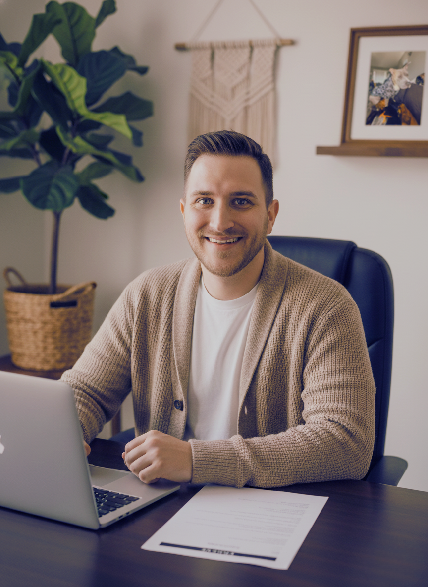 A picture of the Founder Tim Earls he is looking at the camera with his dog in the background with resume and laptop in front of him