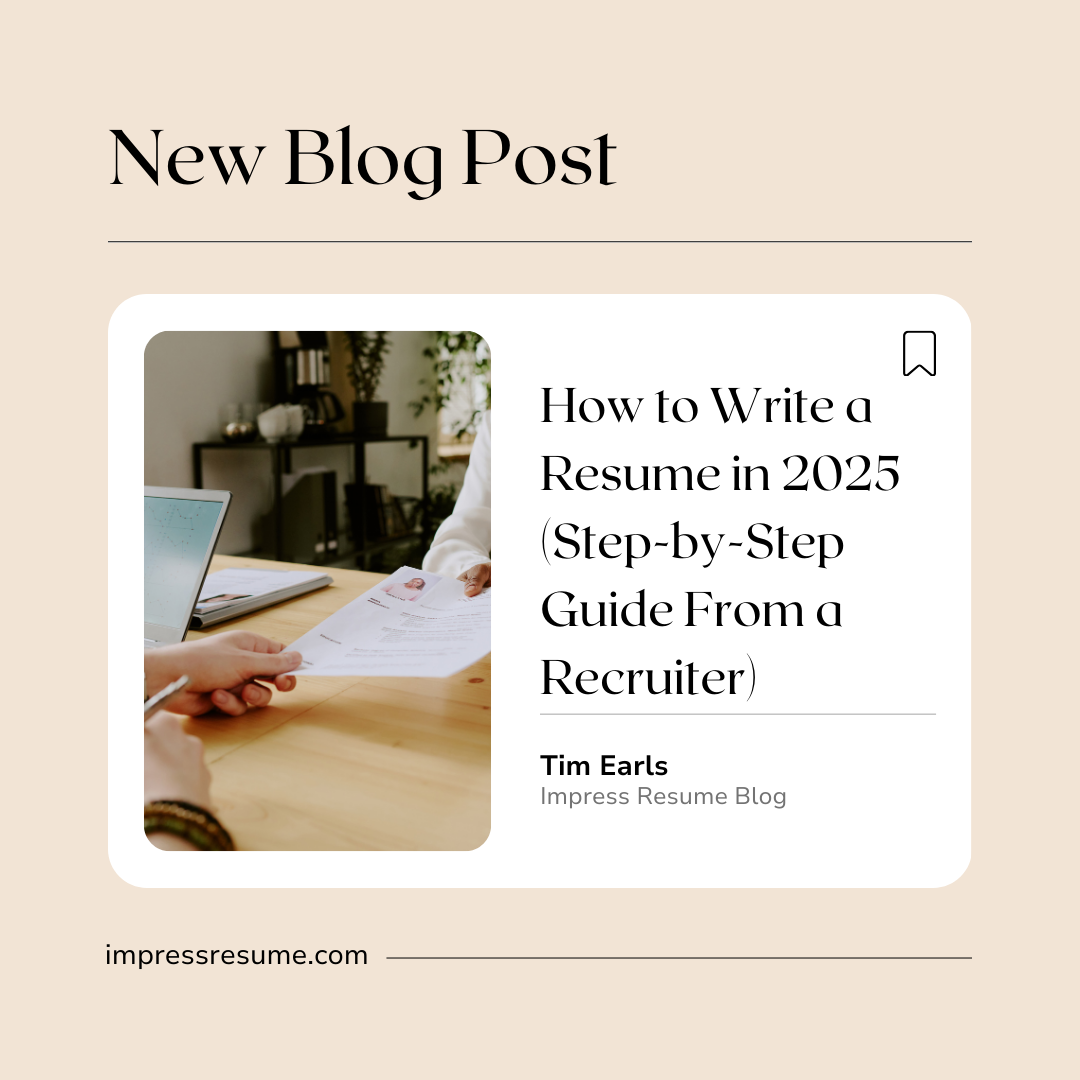 How to write a resume in 2025 step by step guide from a recruiter. Written by Tim Earls. A picture of someone handing a resume to the interviewer.