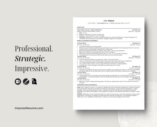 A picture of john resume template that is ats friendly, professional, strategic, and impressive.