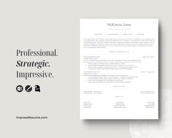 A picture of Mckenzie resume template bundle professional. strategic. impressive.