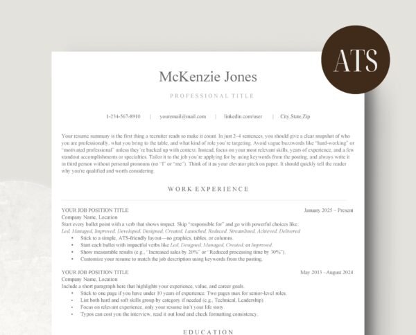ATS optimized resume template with simple formatting, professional typography, and clear work experience layout