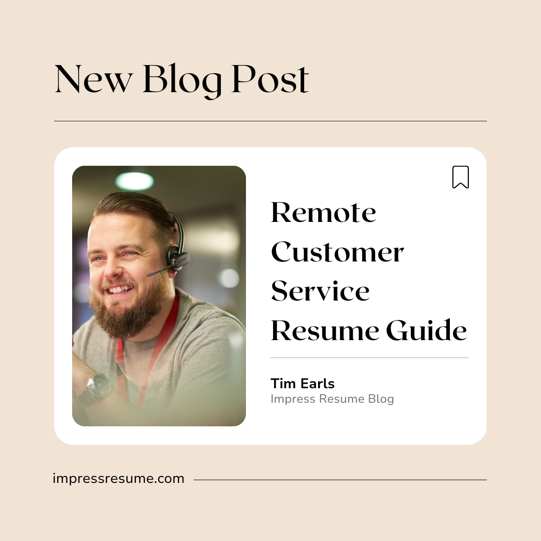 A blog post image remote customer service resume guide. Customer service person is on the phone smiling happy to help customer.