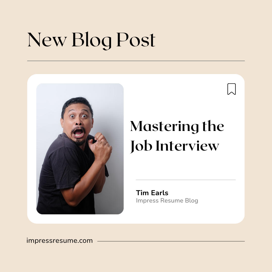 A blog post image about mastering the job interview. Person looks frightened but excited.
